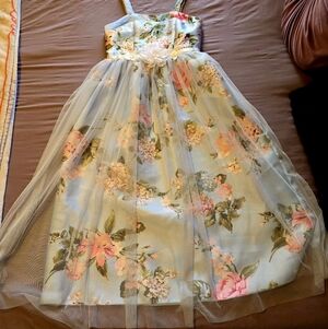 Speechless Pale Blue Floral Tulle Dress with Pink and Cream Flowers